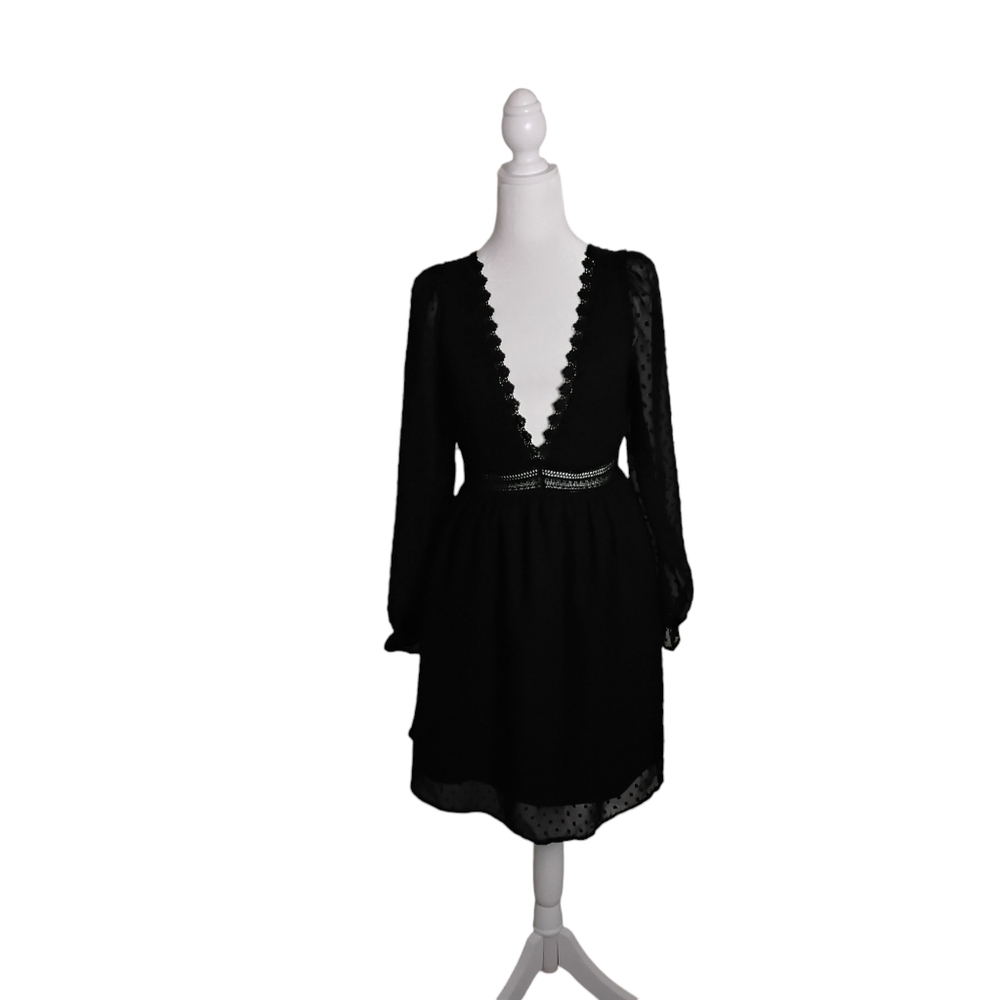 Shein Women's Black Scheer Deep V-Neck Long Sleeve Swiss Dot Tie Mini Dress L